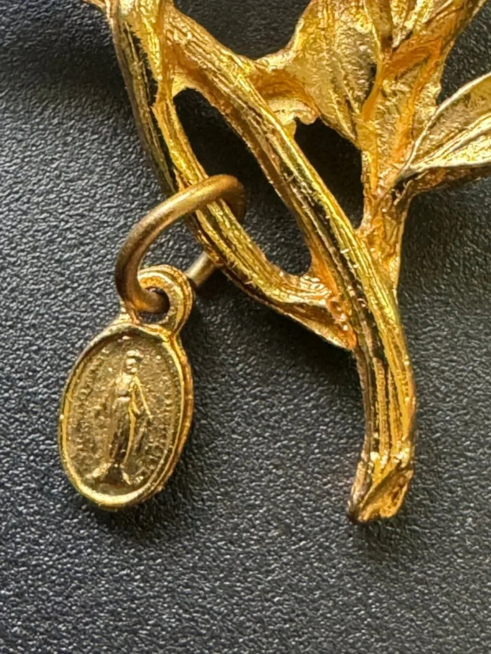 Miraculous Medal Charm Floral Spray Brooch Pink Rhinestone Gold Tone Vintage
